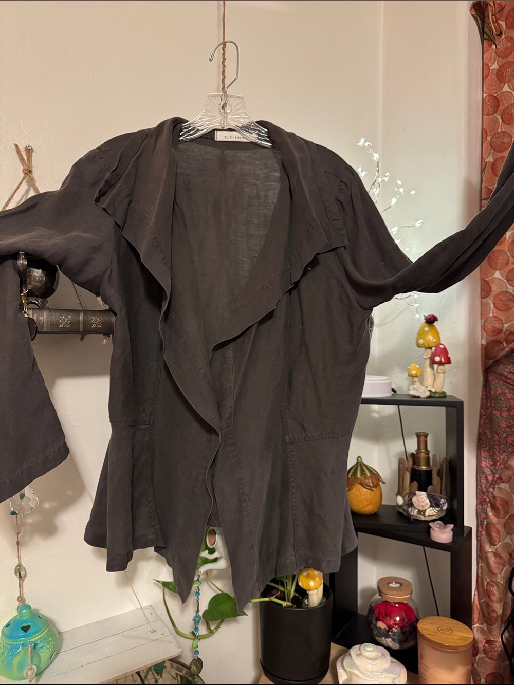 cut loose charcoal black waterfall open-front jacket